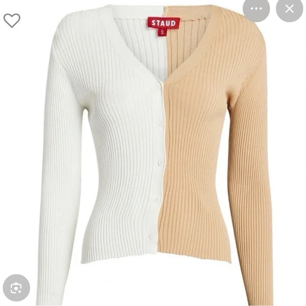 STAUD Shoko Cardigan Sweater in Biscotti & White